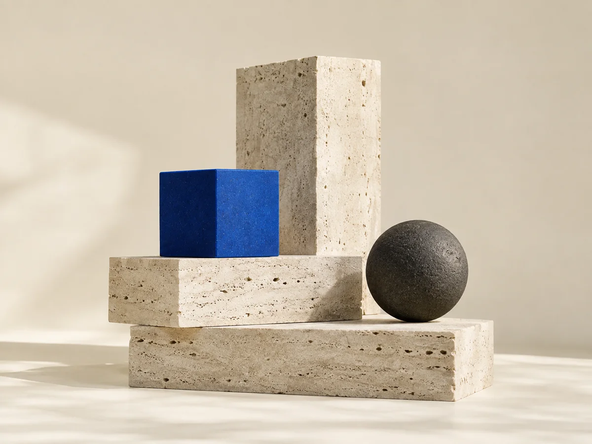 Architectural composition of stone and a cobalt cube